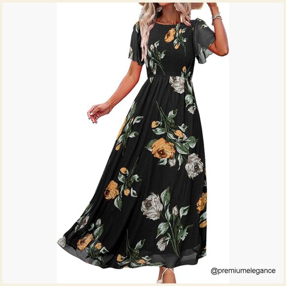 Flowy Chiffon Maxi Dress Smocked Top Flutter Sleeve Summer Boho